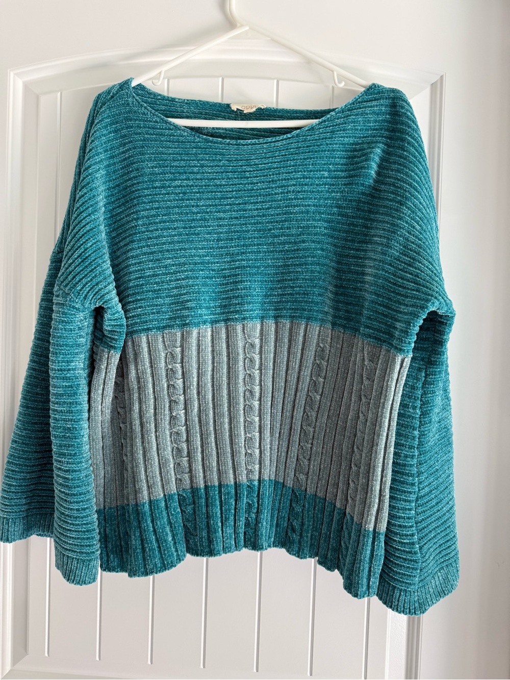Impressions Teal and Light Gray Colorblock Ribbed Chenille Sweater